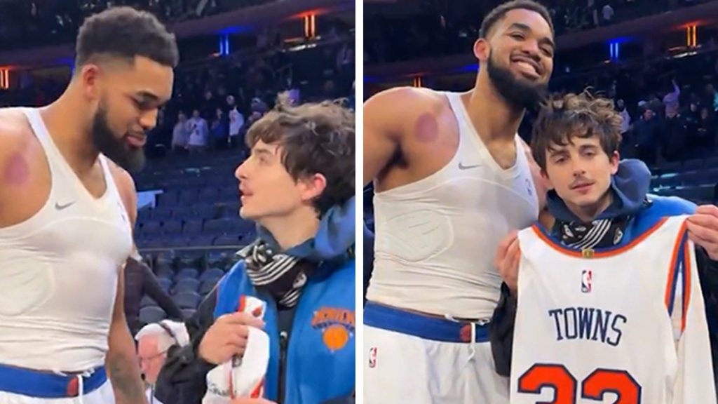 Karl-Anthony Towns Gifts Jersey to Timothée Chalamet After Knicks Win at MSG