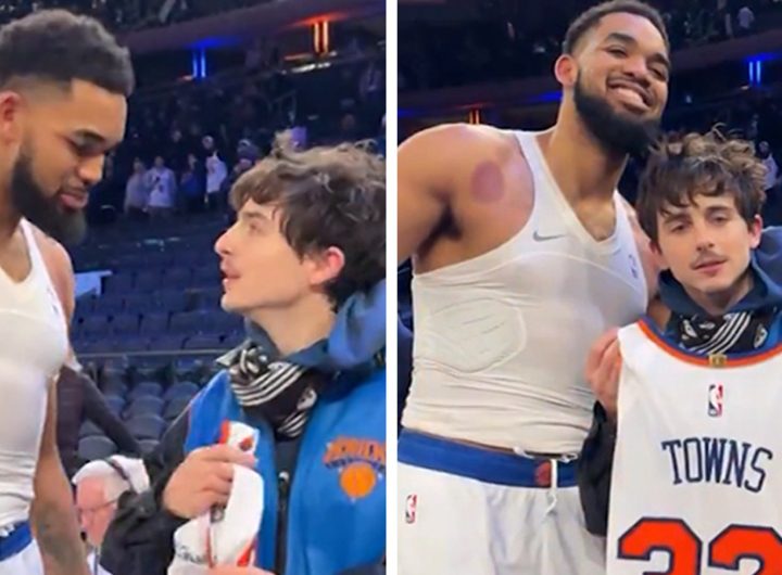 Karl-Anthony Towns Gifts Jersey to Timothée Chalamet After Knicks Win at MSG