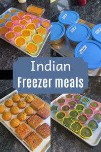 Collage of 4 images showing Indian freezer meals.