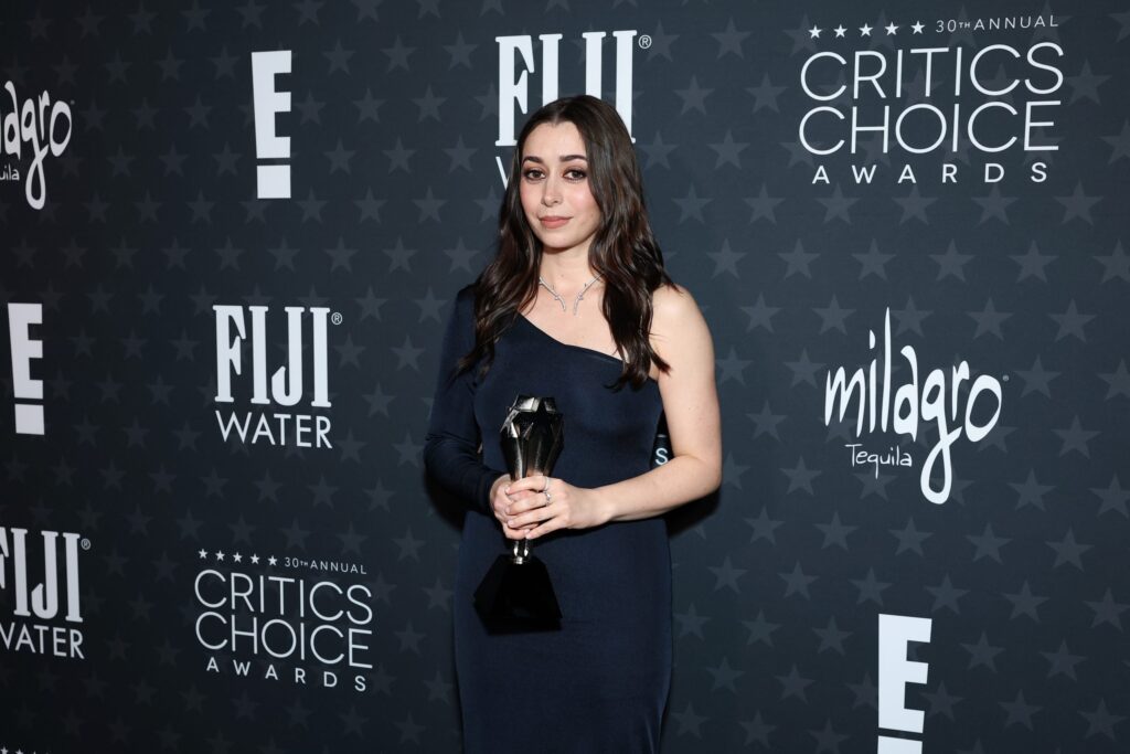 Cristin Milioti, winner of the Best Actress in a Limited Series or Movie Made for Television Award for â€œThe Penguinâ€ poses backstage during the 30th Annual Critics Choice Awards at Barker Hangar on February 07, 2025 in Santa Monica, California.