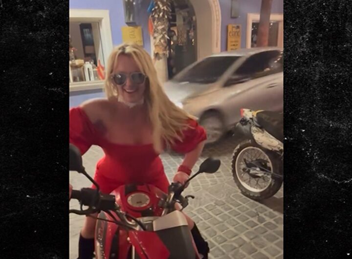 Britney Spears Hops on Back of Motorcycle in Bright Red Dress