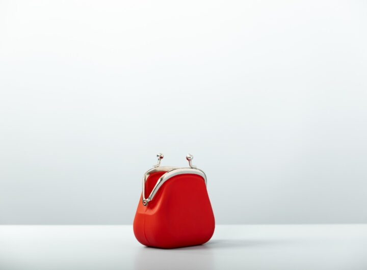 An open red coin purse pictured against a white background