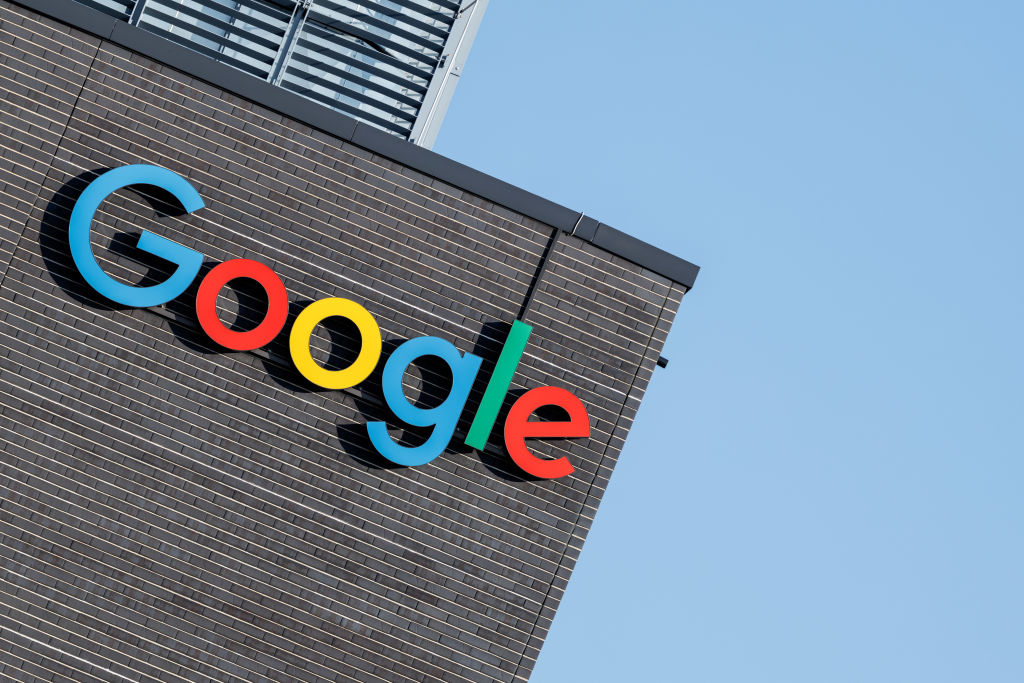 The Google logo and lettering can be seen on the facade of the company's Munich headquarters.