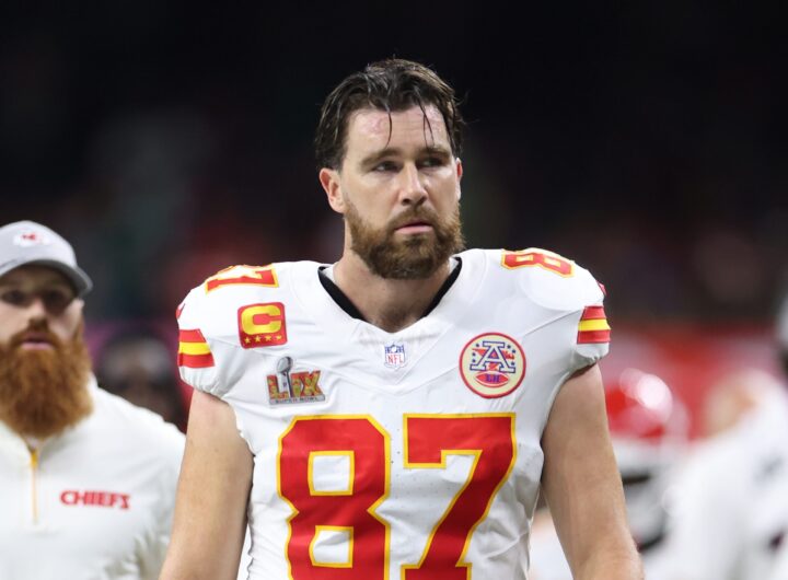 Travis Kelce #87 of the Kansas City Chiefs walks off the field at half time against the Philadelphia Eagles during Super Bowl LIX at Caesars Superdome on February 09, 2025 in New Orleans, Louisiana.