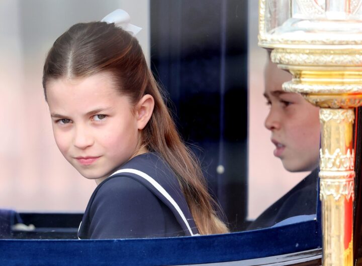 Princess Charlotte of Wales and Prince George of Wales during Trooping the Colour at Buckingham Palace on June 15, 2024 in London, England.