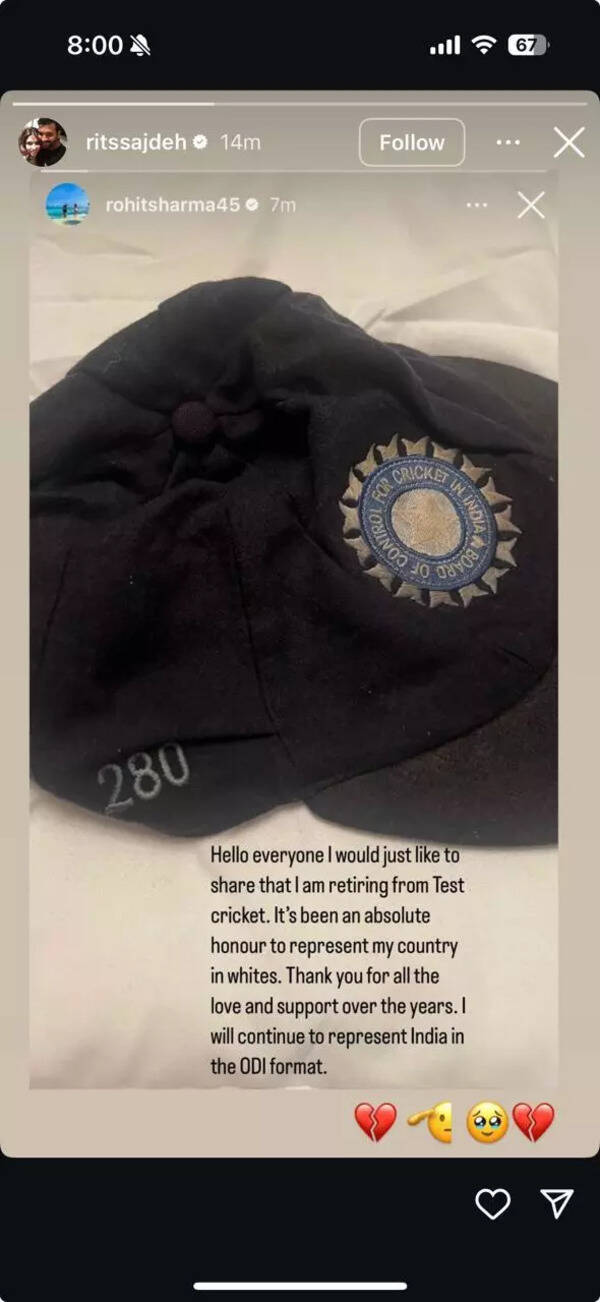 Rohit Sharma Announces Test Cricket Retirement: Wife Ritika Sajdeh Shares Emotional Response Ritika Sajdeh's Instagram story with heartbreak emojis