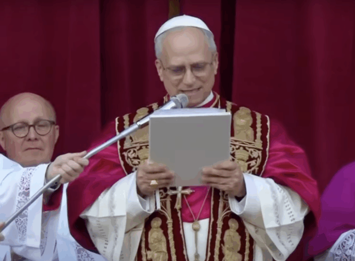 Pope Leo XIV addresses the crowd from St. Peter