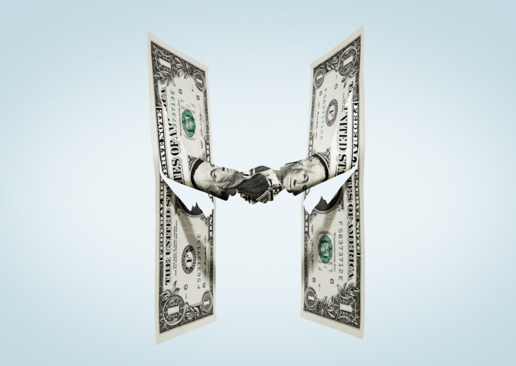 Employer.com Acquires MainStreet.com: Major Fintech Consolidation Move illustration of two dollar bills shaking hands